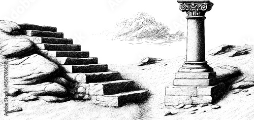 Ancient sand buried stairway and wind swept column in vintage hand drawn style