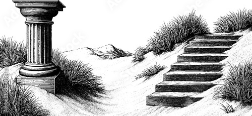 Ancient desert scene with sand-covered stairway and wind-swept column for design use