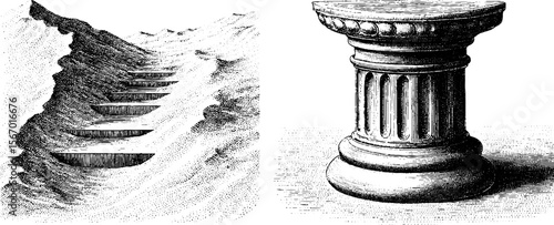 Vintage engraving of sand buried stairway and wind swept column for retro design