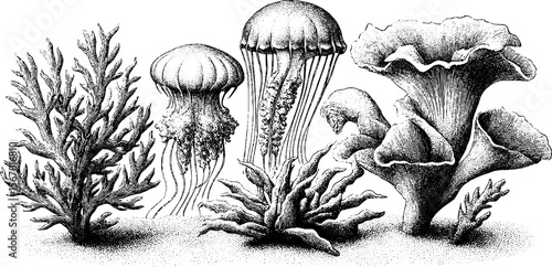 Vintage marine life collection featuring sea nettle, fan coral, and drift algae illustration