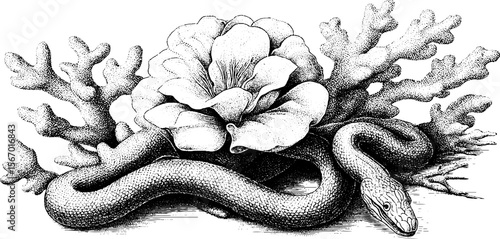 Vintage sea snake and coral illustration – intricate nature design for collectors and enthusiasts