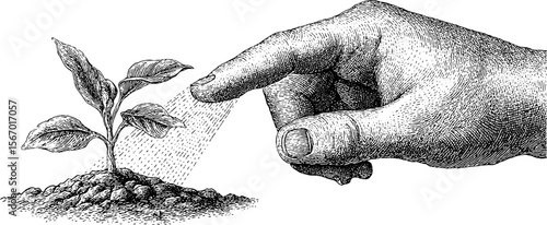 Nurturing seedling and soil with gentle touch in vintage dotwork style