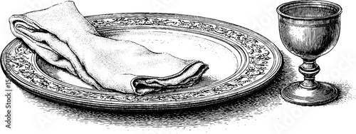 Vintage serving platter and goblet with cloth: hand-drawn stained design