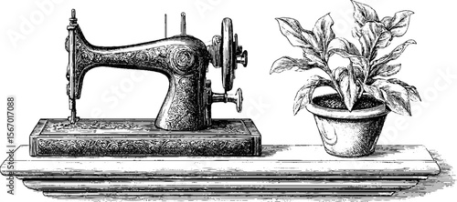 Vintage sewing machine and potted plant silhouette for home decor or craft design