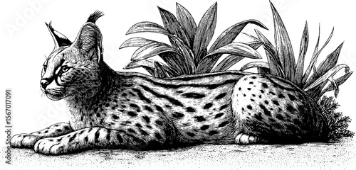 Vintage hand drawn serval in tall grass silhouette for retro design