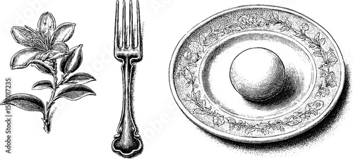 Vintage silver pastry fork and floral dessert plate with elegant floral design