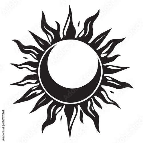 Stylized black sun emblem with crescent moon and fiery rays