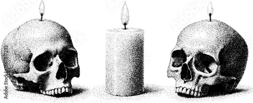 Vintage skull and candle wax drip dotwork tattoo design for retro art decor