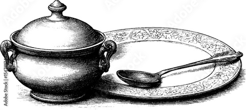 Vintage soup tureen and ladle with porcelain plate sketch for elegant dining design