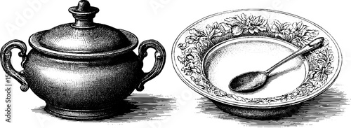 Vintage kitchenware set featuring soup tureen ladle and decorative porcelain plate for retro culinary design