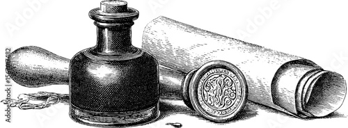 Vintage hand drawn ink bottle, journal, and wax seal illustration for retro design