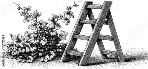 Rustic stepladder with vine shadow in vintage hand drawn sketch engraving