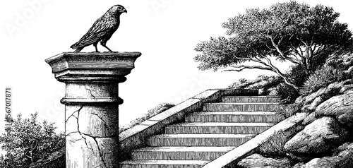 Vintage engraving of stone lookout with bird and steep staircase in nature setting