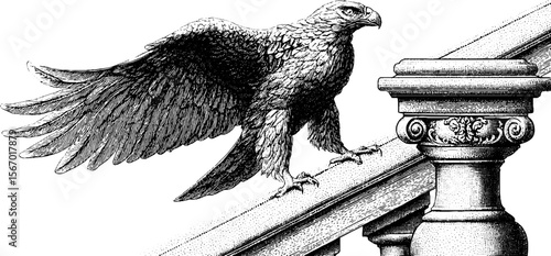 Majestic bird on ornate stone staircase - vintage hand drawn illustration for decor