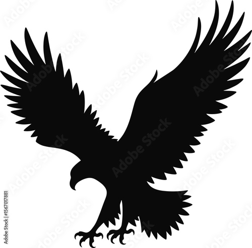 Elegant black eagle vector silhouette flying with outstretched wings, a majestic bird illustration for tattoo or design,eagle, bird, vector, silhouette, flying, wings, animal, wildlife, predator, rapt