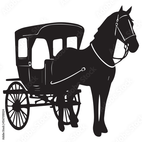 Silhouette of a horse pulling a vintage carriage on a white background