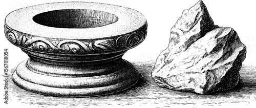 Vintage hand drawn stone spiral carving and firepit remains for decorative design