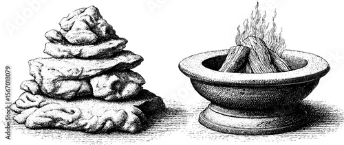 Vintage stone spiral carving and fire pit remains sketch engraving for retro design