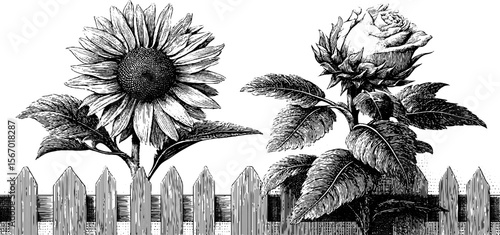 Vintage hand drawn sunflower and rose by picket fence with summer cloud scene for retro design