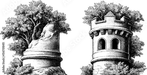 Vintage engraved watchtower bases with ivy and trees for design