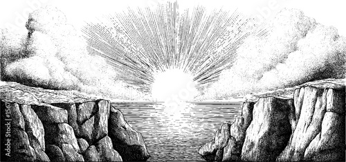 Majestic sunrise over cliff edge with eagle silhouette in vintage dotwork style