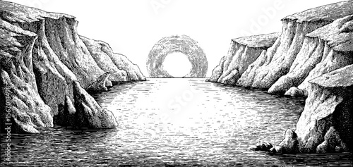 Serene sunrise over cliff edge with majestic eagle in dotwork style