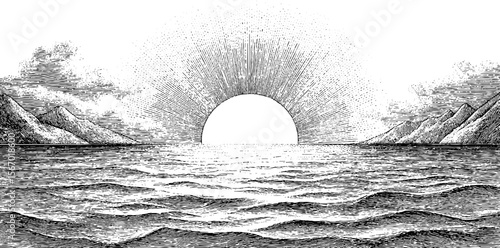Vintage hand drawn sunrise over ocean with reflections and rippled waves