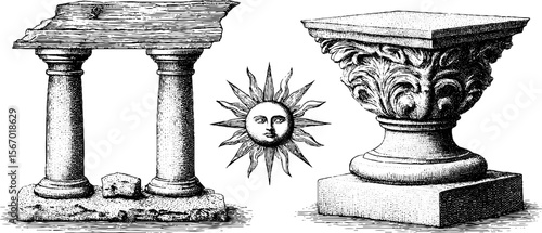 Vintage sketch of sun, scorched gate, and brittle fence post for retro design