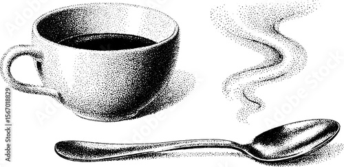 Vintage dotwork teacup with steam swirl and spoon illustration for retro design