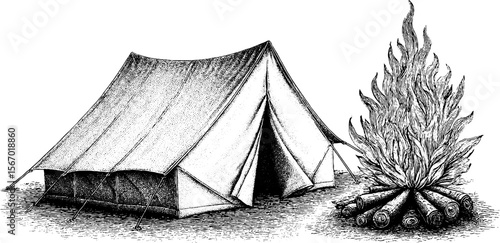 Vintage camping scene with tent, campfire, and night owl silhouette
