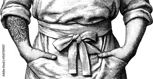 Vintage hand drawn apron knot and tattooed arm silhouette for retro design