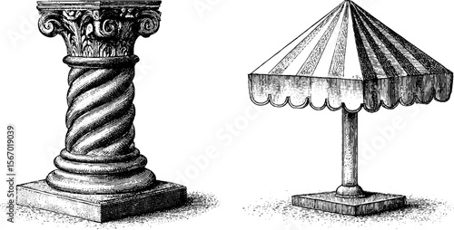 Vintage barber pole base and striped awning sketch for retro design and decor