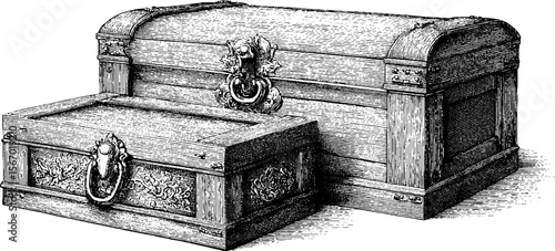 Vintage travel trunks with brass lock and faded stickers hand drawn sketch