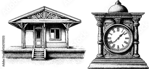 Vintage train platform with clock and lone figure in classic sketch design