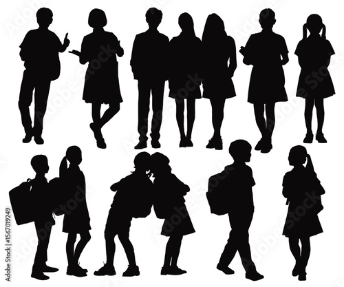 Set of different Kids silhouettes standing, walking, running to school. Group of kids standing in row with different poses silhouette set. Elementary, middle school pupils characters boys and girls.