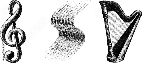 Vintage musical elements with treble clef, harp, and echo waves