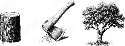 Vintage dotwork tattoo design featuring tree, axe, and chopped log for artistic inspiration