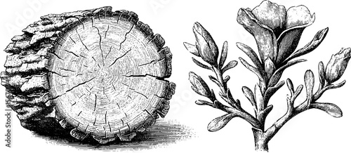 Vintage hand-drawn tree rings and buds illustration for retro design