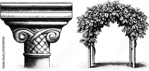 Vintage tree root wrapped pillar and mossy courtyard archway design for retro decor