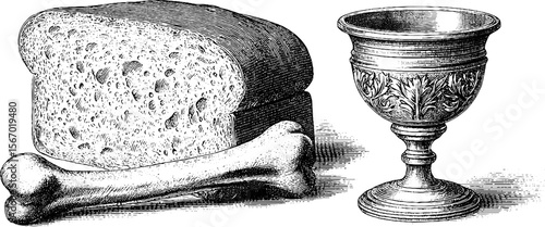 Vintage food still life with bread, meat bone, and ornate goblet for retro culinary designs