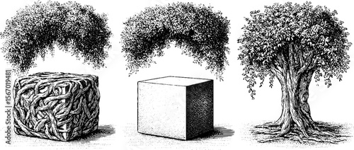 Enchanting tree root wrapped pillar and mossy courtyard sketch for art design