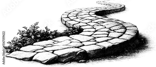 Vintage engraving of twisted cobblestone alley with rustic charm