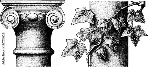 Vintage engraving of tumbled pillar and ivy strangled torch for historical design