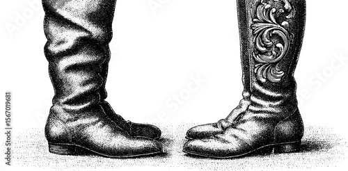 Vintage illustration of boots in mid-step with swirling coat design