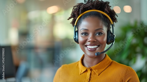 Happy customer service representative talking on phone, headset, smiling