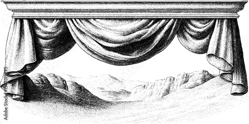 Vintage engraving of draped veil over desert sand landscape for decorative design
