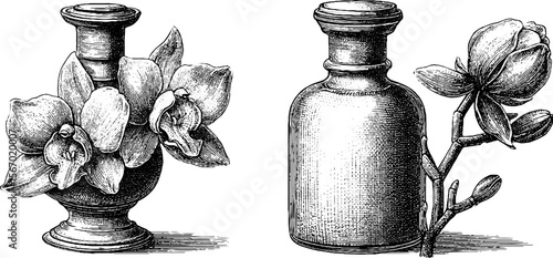 Vintage perfume bottles with orchid and lace design for decorative prints