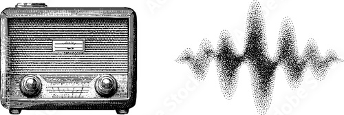 Vintage radio with sound wave and antenna silhouette for retro design