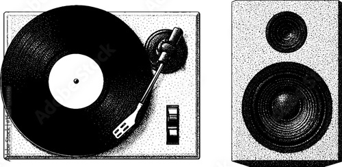 Vintage turntable and speaker sketch illustration for music theme design