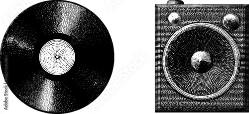 Vintage vinyl record, turntable needle, and speaker silhouette for retro music design